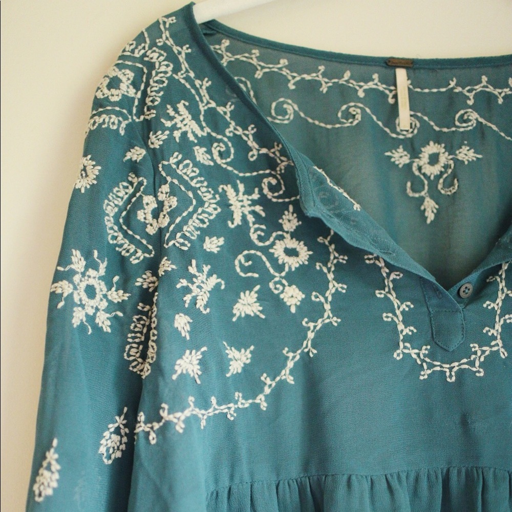 Free People FP boho embroidered green/blue top